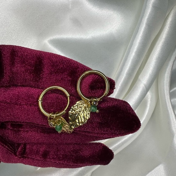 Stainless steel Gold Leaf Hoop Earrings with Green Accents - Picture 5 of 5